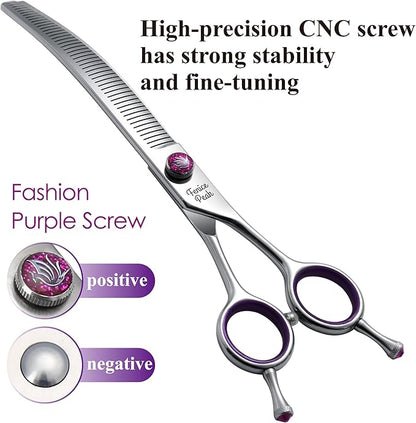 Fenice Peak 7.5'' Fluffy Dog Grooming Scissors Professional 440C Curved Thinning Shears 55% Thinning Rate and 30°Curved Sharp and Durable with Decorative Screws & Tails