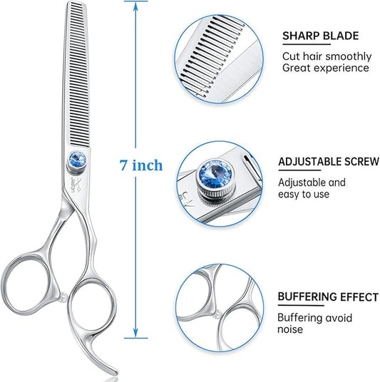 JASON 7" 50 Teeth Thinning Dog Grooming Blending Scissor, Ergonomic Pet Grooming Thinner Blender Shears Cat Trimming Texturizing Kit with Offset Handle and a Jewelled Screw, 30% Thinning Rate