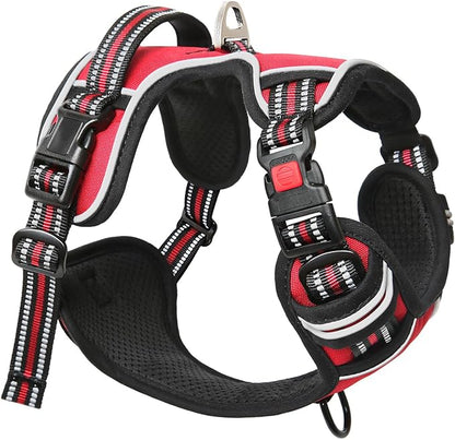 Timos Dog Harness Medium Sized, No Pull with Neck Lockable Snap,No Choke Front Clip Dog Reflective Harness,Adjustable Metal Rings 3 Buckles,Easy Control Handle for Medium Dogs Red M
