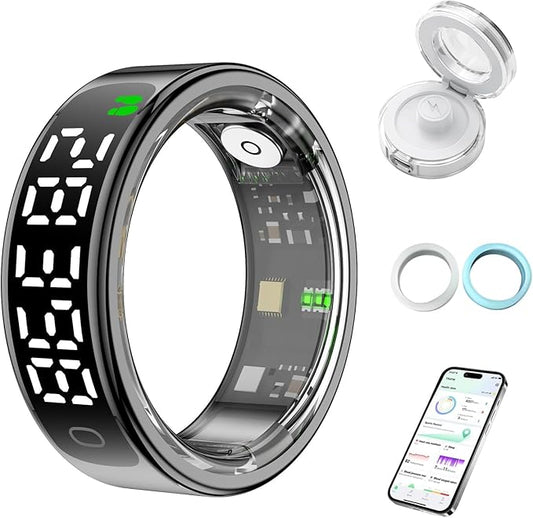 Smart Health Ring for Women Men, Smart Ring Fitness Tracker for iOS Android, Heart Rate, Blood Oxygen, Blood Pressure, Sleep Monitoring,5ATM Waterproof, No Subscription Fee (Black, 12#)