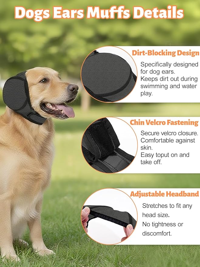 Dog Ear Muffs Noise Protection, Hoodie Calming Cap for Anxiety Relief – Waterproof & Dirt-Resistant with Adjustable Magic Tape for Bathing, Grooming, Fireworks & Swimming, Grey L 2-Pack