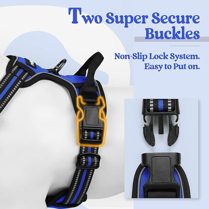rabbitgoo Dog Harness No Pull with 2 Leash Clips, Adjustable Soft Padded, Reflective Oxford No Choke Pet Vest with Easy Control Handle for Large Dogs, Dazzling Blue, XL