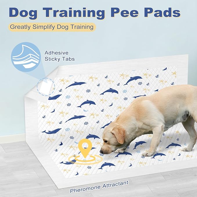 MIZOK Puppy Pads, 36"x36" Dolphin Print Dog Pee Pads Extra Large with Adhesive Tabs, Leak-Proof, 6-Layer Leak-Proof Super Absorbent, Quick-Dry Disposable (30 Count)