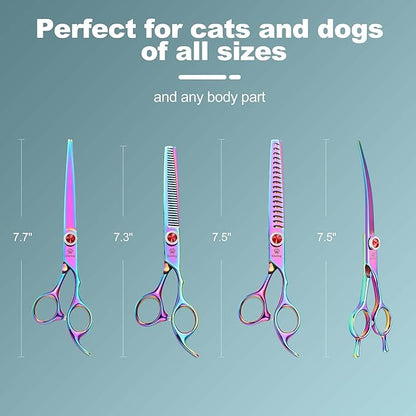 GLADOG 7 Inch Professional Dog Grooming Scissors Kit, Titanium Dog Scissors for Grooming, Heavy-Duty Dog Shears for Grooming, 6-in-1 Pet Grooming Scissors for Dogs (Pro Rainbow)