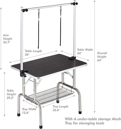 36" Dog Grooming Table, Folding Pet Grooming Table With Arm & Nosse & Mesh Tray For Bathing, Trimming, Drying, Grooming, Maximum Capacity Up To 330 Lbs