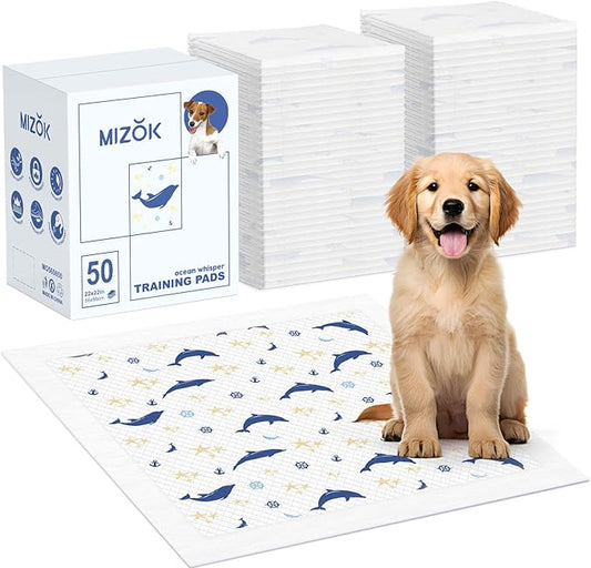 MIZOK Puppy Pads, 22"x22" Dolphin Print Dog Pee Pads with Adhesive Tabs, 6-Layer Leak-Proof Super Absorbent, Quick-Dry Disposable (50 Count)