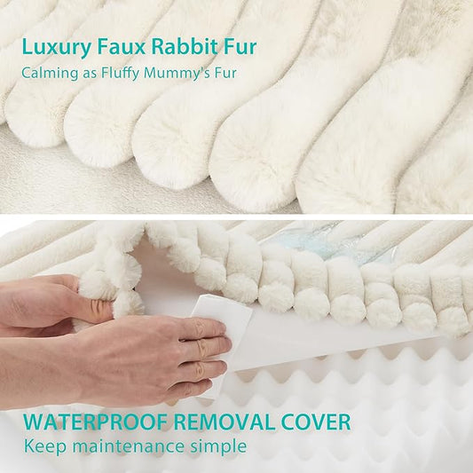 Thick Orthopedic Dog Bed for Large Dogs, Waterproof Supportive Foam Dog Sofa with Washable Cover, Faux Fur Comfy Bolster Couch Pet Beds with Nonskid Bottom (Beige, 36"x27")
