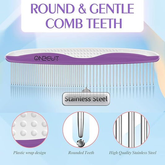 Dog Comb, OneCut Pet Grooming Tool for Removing Tangles Knots and Matted Fur, Wide and Narrow Teeth Comb Design for Dogs and Cats (Purple)
