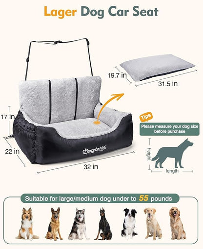 BurgeonNest Dog Car Seat for Small Dogs, Fully Detachable and Washable Dog Carseats Small Under 25, Soft Dog Booster Seats with Storage Pockets and Clip-On Leash Portable Dog Car Travel Carrier Bed