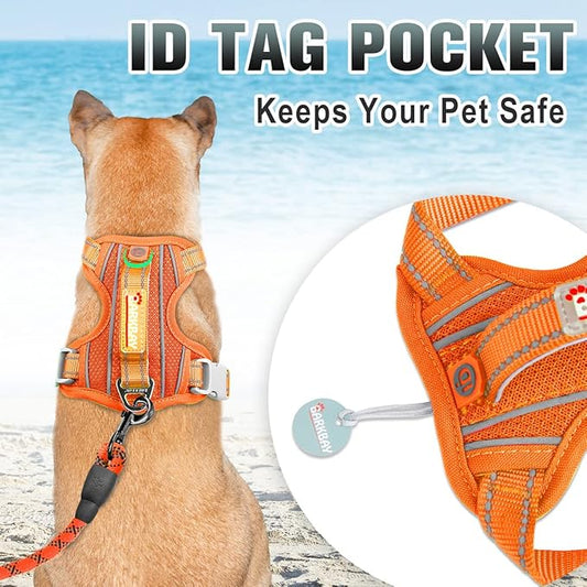 BARKBAY No Pull Dog Harness Large Reflective Dog Harness with Front Clip and Easy Control Handle for Walking Training Running with ID tag Pocket(Orange,S)