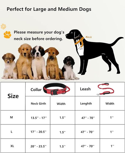 AUBELL Tactical Dog Collar and Leash Set, Adjustable Military Nylon Reflective Dog Leash and Collar with Handle and Heavy Metal Buckle for Medium Large Dogs, with Airtag Holder and 2 Patches (Red, M)