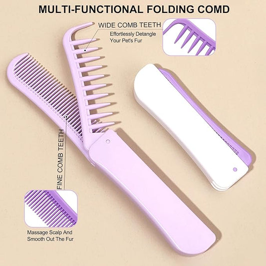 Foldable Dual-Head Puppy Brush, Small Dogs Interchangeable Combs Soft Bristles Portable Grooming Tool, Fit for Yorkie Shih Tzu Maltipoo Maltese (White and Purple)