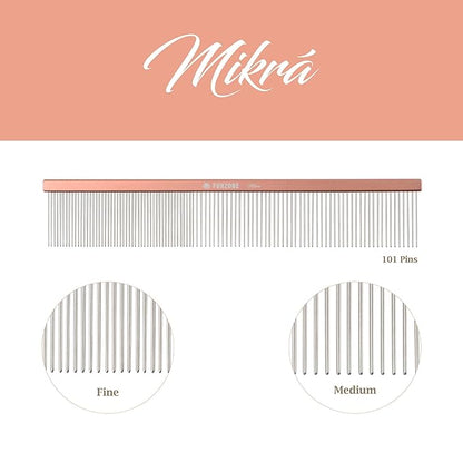 2-in-1 Metal Comb for Dogs, Mikra Greyhound Comb (Fine & Medium), 101 Stainless Steel Pins Dog Comb, Aluminum 22cm Handle, Lightweight, Gentle Combing, Face/Head Fur Tangle Free