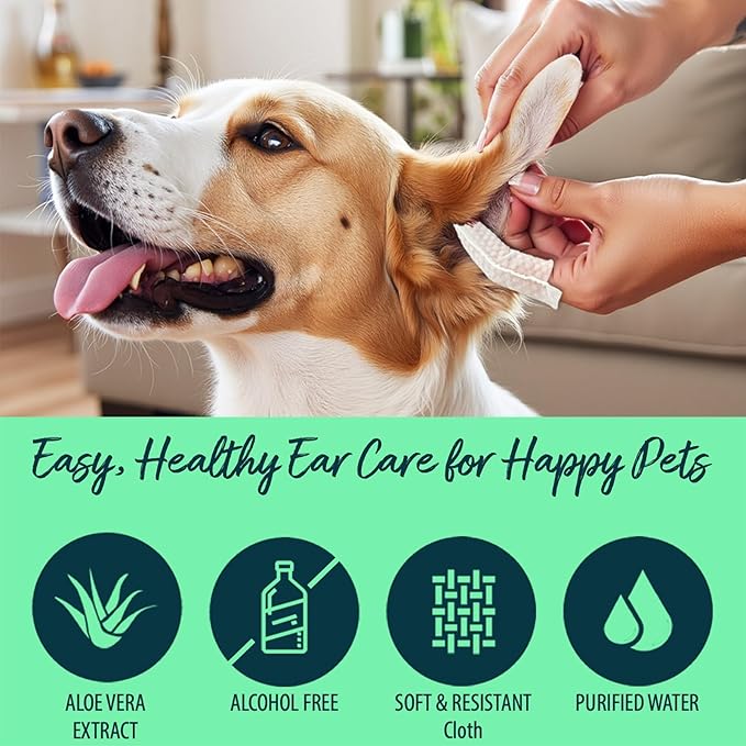 Natureland [60 pcs Finger Wipes] Dog & Cat Ear Finger Wipes - Otic Cleaning Wipes for Infections and Controlling Ear Infections and Ear Odor in Pets (120)
