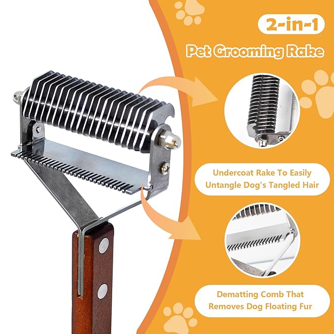 Dematting Comb for Dogs,Undercoat Rake for Dogs Cats 2-in-1 Stainless Steel Shedding Brush with Antislip Wooden Handle Pet Grooming Brush Effective for Cat Tangles Hair