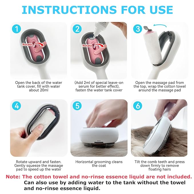 4 in 1 Pet Hair Removal Comb with Gravity Water Tank, Cat Dog Massage Brush Self Cleaning Grooming Wet Comb for Shedding Fur (Long Hair, 2PCS)