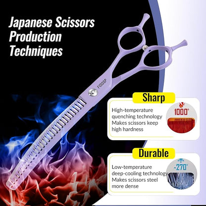 Curved Chunkers Dog Grooming Scissors 7.5" Macarone Series Professional Pet Grooming Shears for Large Dogs Pets Japan 440C Stainless Steel Sharp & Durable(Purple, 30Teeth Curved Thinners)