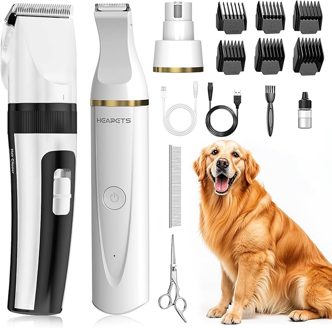 Dog Hair Clippers for Grooming Kit and Dog Paw Trimmer Nail Grinder for Grooming, Low Noise Rechargeable Cordless, Shaver Grooming Supplies for Pet Cats Dogs (White, White)
