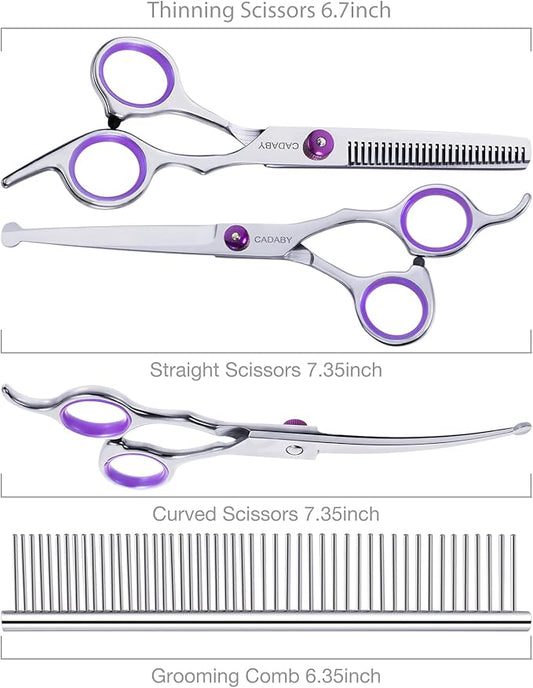 Professional Dog Grooming Scissors with Safety Round Tips, 5 in 1 Dog Grooming Scissors Kit, 4CR Stainless Steel Pet Grooming Shears for Dog, Cat,Sharp and Sturdy, Purple