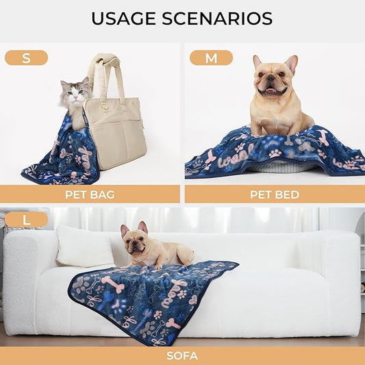 Luciphia 1 Pack 3 Blankets Fluffy Premium Fleece Pet Blanket Flannel Paw Bone Printed Throw for Dog Cat(Medium 30"x20", Khaki/Blue/Navy)