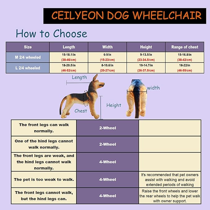 Dog Wheelchair,Lightweight Aluminum Frame with Handle,Extended Leg Straps,Includes Leash,Fits Pugs,French Bulldogs,and Schnauzers（Middle Size）/Beagle,Corgi,and Cocker Spaniel（Large Size）