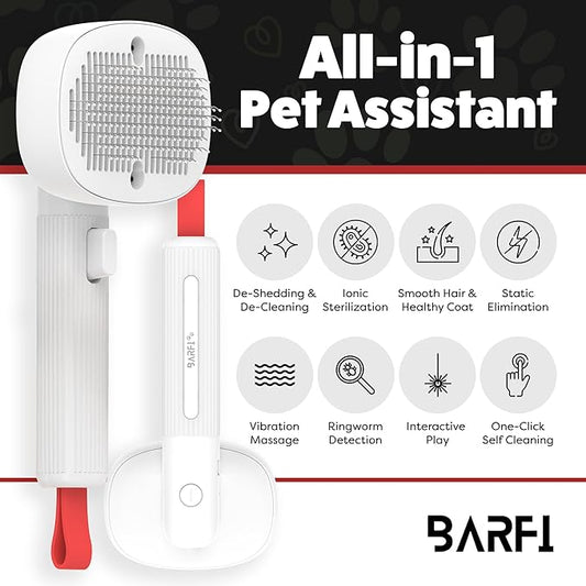 BARFI Pet Brush - Self-Cleaning Pet, Cat, Dog Shedding Brush - Multi-Functional Grooming Tool with Negative Ion Technology, Vibrating Massager, Wood's Lamp (White) - Free Pet Bowl