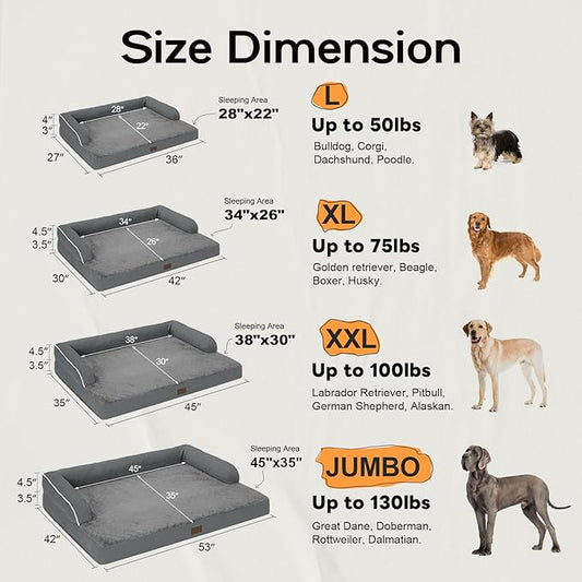 Large Dog Bed Orthopedic Washable - Memory Foam - XXL Large Big Dogs - Beds Bolster Pet - Couch Sofa - Waterproof with Removable Cover - Dark Grey Dog Bed