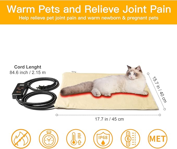 Toozey Pet Heating Pad, 6 Adjustable Temperature Dog Cat Heating Pad with Timer, Indoor Pet Heating Pads for Cats Dogs with Chew Resistant Cord, Electric Pads for Dogs Cats, Pet Heated Mat