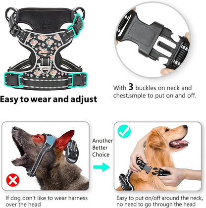 Timos No Pull Dog Harness,NO Need Go Over Dogs Head 3 Snap Buckles Reflective Oxford No Choke Harness with Front&Back 2 Metal Leash Clips Soft Padded for Small Medium Large Dogs,X-Large (Pack of 1)