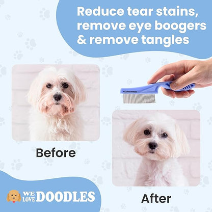 Dog Face Comb, Flea Comb for Dogs, Fine Tooth Tear Stain Remover, Removes Crust, Mucus, and Stains, Face Brush for Poodles & Other Breeds, Grooming Comb for Pets, Large + Small [We Love Doodles]