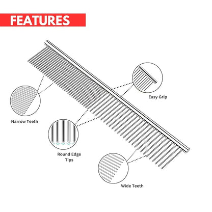 Chrome Pet Grooming Comb Premium Stainless Steel Dematting Tool with Rounded Teeth for Dogs & Cats Best for Removing Knots,Tangles,Perfect for Long & Short Haired Pets (Chrome)