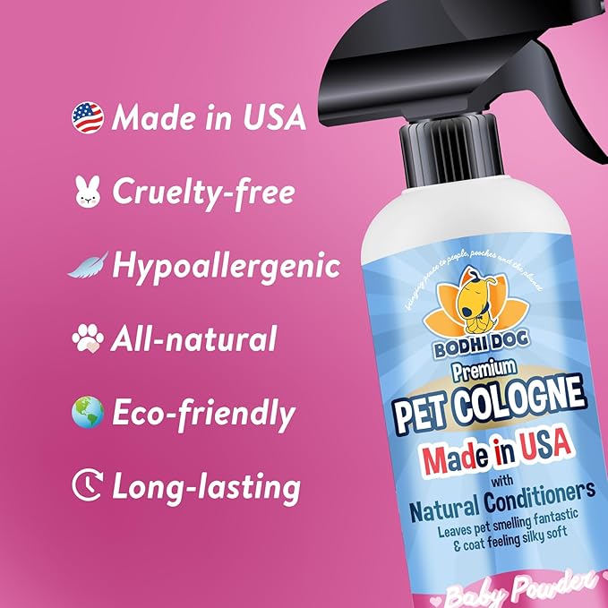 Bodhi Dog Natural Dog Cologne (Baby Powder) - Premium Scented Deodorizing Pet Perfume with Conditioner for Dogs & Cats - Keeps Pets Fresh & Clean - Gentle and Safe Formula, Made in USA (17 Fl Oz)