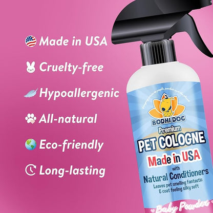 Bodhi Dog Natural Dog Cologne (Baby Powder) - Premium Scented Deodorizing Pet Perfume with Conditioner for Dogs & Cats - Keeps Pets Fresh & Clean - Gentle and Safe Formula, Made in USA (17 Fl Oz)