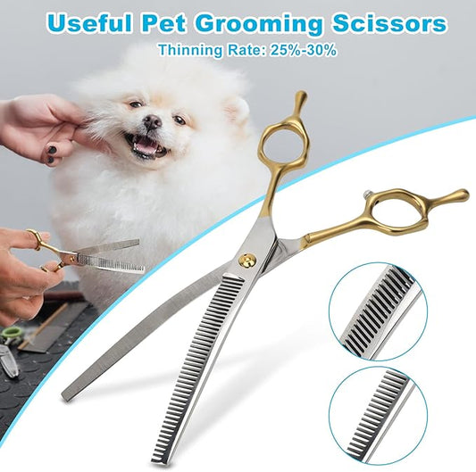 Curved Thinner Dog Grooming Scissors, 7 Inch 42 Teeth Stainless Steel Pets Grooming Scissors, Professional Pet Shears for Groomer, Long Hair Cutting for Animals (Curved Thinning A)