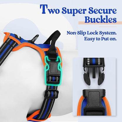 rabbitgoo Dog Harness No Pull with 2 Leash Clips, Adjustable Soft Padded, Reflective Oxford No Choke Pet Vest with Easy Control Handle for Large Dogs, Blue & Orange, XL