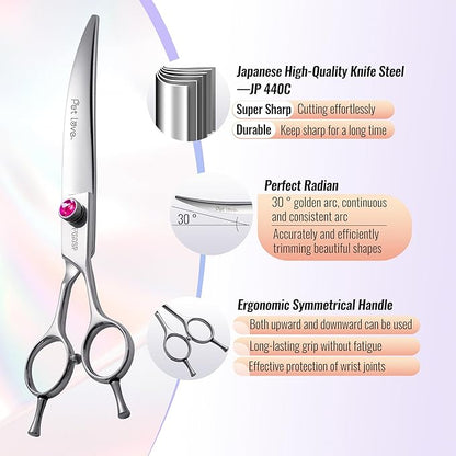 Curved Scissors for Dog Grooming Professional 8 inch Long Downward Curved Shears Dog Grooming for Poodle Large Dog Pet 30°Japanese 440C Stainless Steel Right Handed(8.0'',Curved)