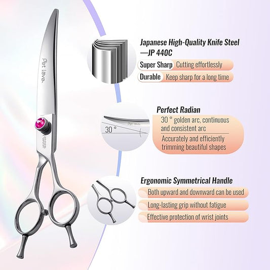 Curved Scissors for Dog Grooming Professional 8 inch Long Downward Curved Shears Dog Grooming for Poodle Large Dog Pet 30°Japanese 440C Stainless Steel Right Handed(8.0'',Curved)
