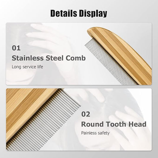 2-Pack Dandruff Comb, Stainless Steel Fine Tooth Comb Wooden Handle Dandruff Remover Flea Lice Comb Multifunction Hair Grooming Brush for Kids Adults Pets Dog