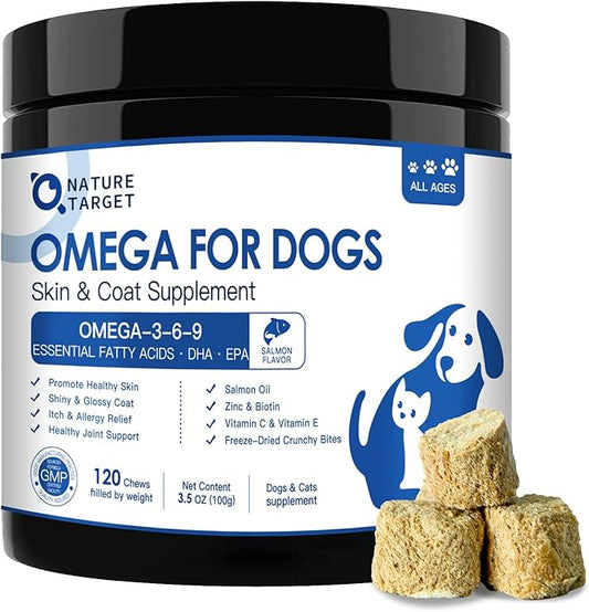 NATURE TARGET Omega 3 Fish Oil for Dogs, Salmon Oil for Skin & Coat Supplement with EPA & DHA Fatty Acids - Dog Itch & Allergy Relief, Anti Shedding, Hot Spots Treatment - Hip & Joint Support - 120ct