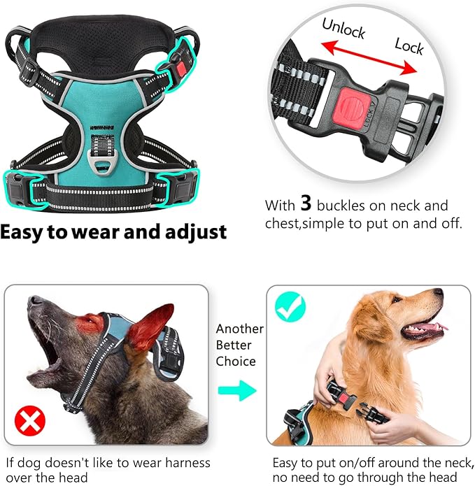Timos Dog Harness, No-Pull Pet Harness with 2 Leash Clips, Adjustable Soft Padded Dog Vest, Reflective Outdoor Pet Oxford Vest with Easy Control Handle Turquoise