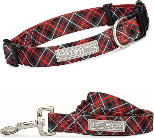 Lucky Love Dog Collar and Leash Set, Beautiful Evergreen Dog Collar, Vivid Berry Plaid Dog Collar for Boy and Girl Dogs - (Medium, Heywood Combo)