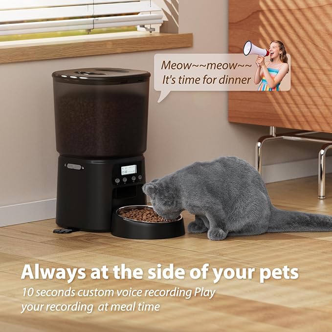 Automatic Cat Feeder, 4L Timed Dry Food Dispenser with Stainless Steel Bowl, Pet Food Feeder for Cats & Small Dogs, Programmable for 6 Meals & 30 Portions Per Day, 10S Voice Record, Dual Power, Black