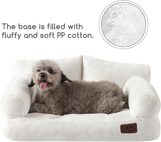 Hollypet Fluffy Plush Pet Cat Couch Soft Calming Pet Sofa Beds for Medium Small Cats and Dogs, White