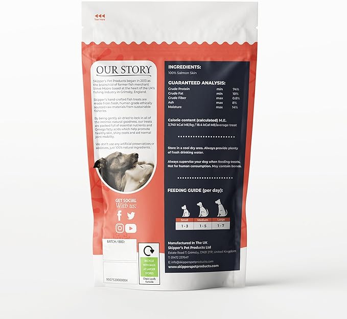 SKIPPER'S Salmon Skin Cubes - 100% Salmon Skin Grain Free & Hypoallergenic Cubes for Dogs, All Natural & Healthy Dog Treats, Omega 3 & 6 Oil, Great for Skin, Coat & Joints | (9 Oz)