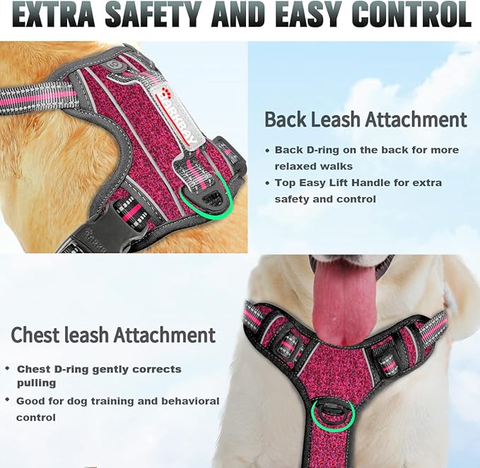 BARKBAY No Pull Dog Harness Large Reflective Dog Harness with Front Clip and Easy Control Handle for Walking Training Running with ID tag Pocket(Pink/Black,M)
