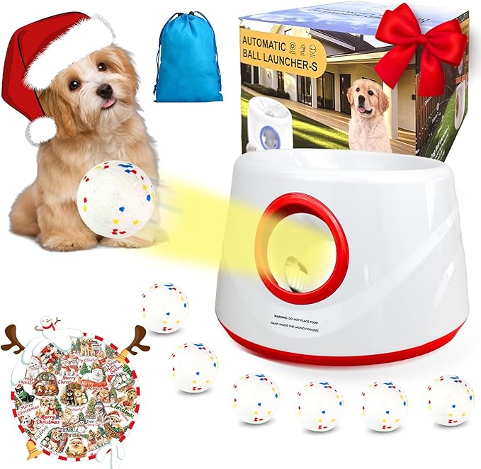 Automatic Ball Launcher for Dogs, Dog Ball Thrower with 19-32-45Ft Distance, Rechargeable Automatic Launcher with 6 Balls (2.2"), Dog Ball Launcher for Small & Medium Red
