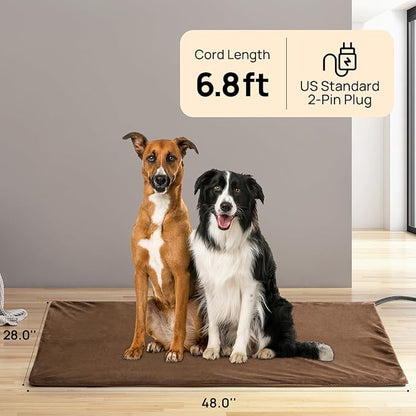 TURBRO 48x28” XX-Large Pet Heating Pad, Electric Heated Dog Bed for Large Breeds, Temperature and Timer Control, Anti-Bite Cord, Ultra-Soft and Anti-Slip Cover, Indoor Use, MET Certified, Brown
