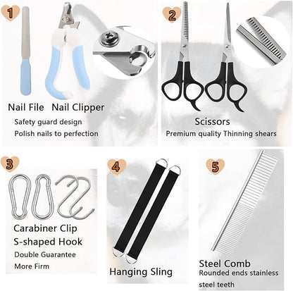 BLUECOW Pet Grooming Set, 12 in 1 Nail Trimming Hammock for Dogs Cats, Restraint Bag Including Nail Clipper, Trimmer, Scissors, Nail File and Comb