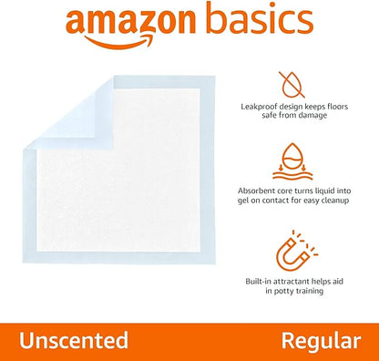 Amazon Basics Dog and Puppy Pee Pads, 5-Layer Leak-Proof Super Absorbent, Quick-Dry Surface, Potty Training, Regular (22x22"), 100 Count, Blue & White