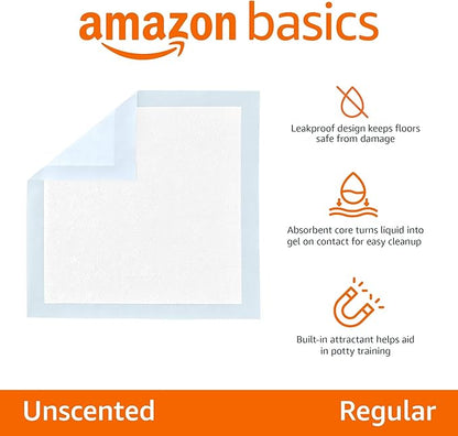 Amazon Basics Dog and Puppy Pee Pads, 5-Layer Leak-Proof Super Absorbent, Quick-Dry Surface, Potty Training, Regular (22x22"), 150 Count, Blue & White